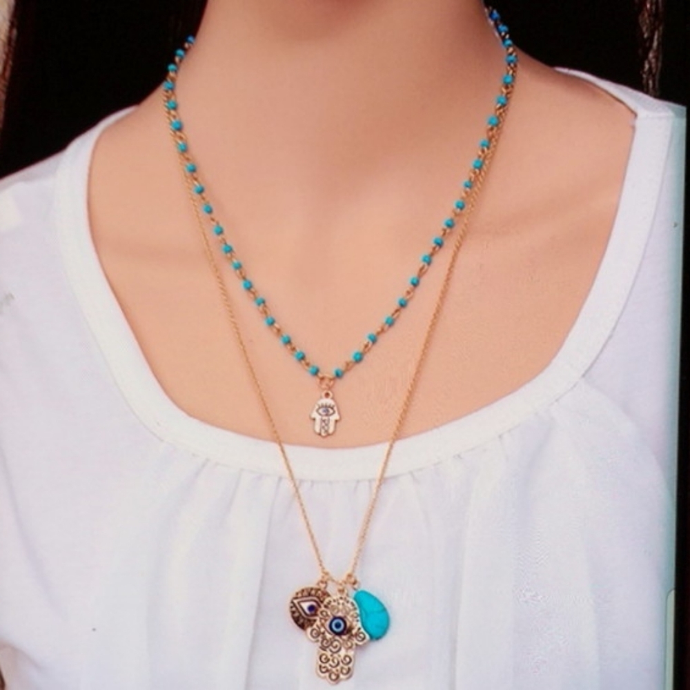 Evil Eye Pendant Double Layer Beaded Necklace